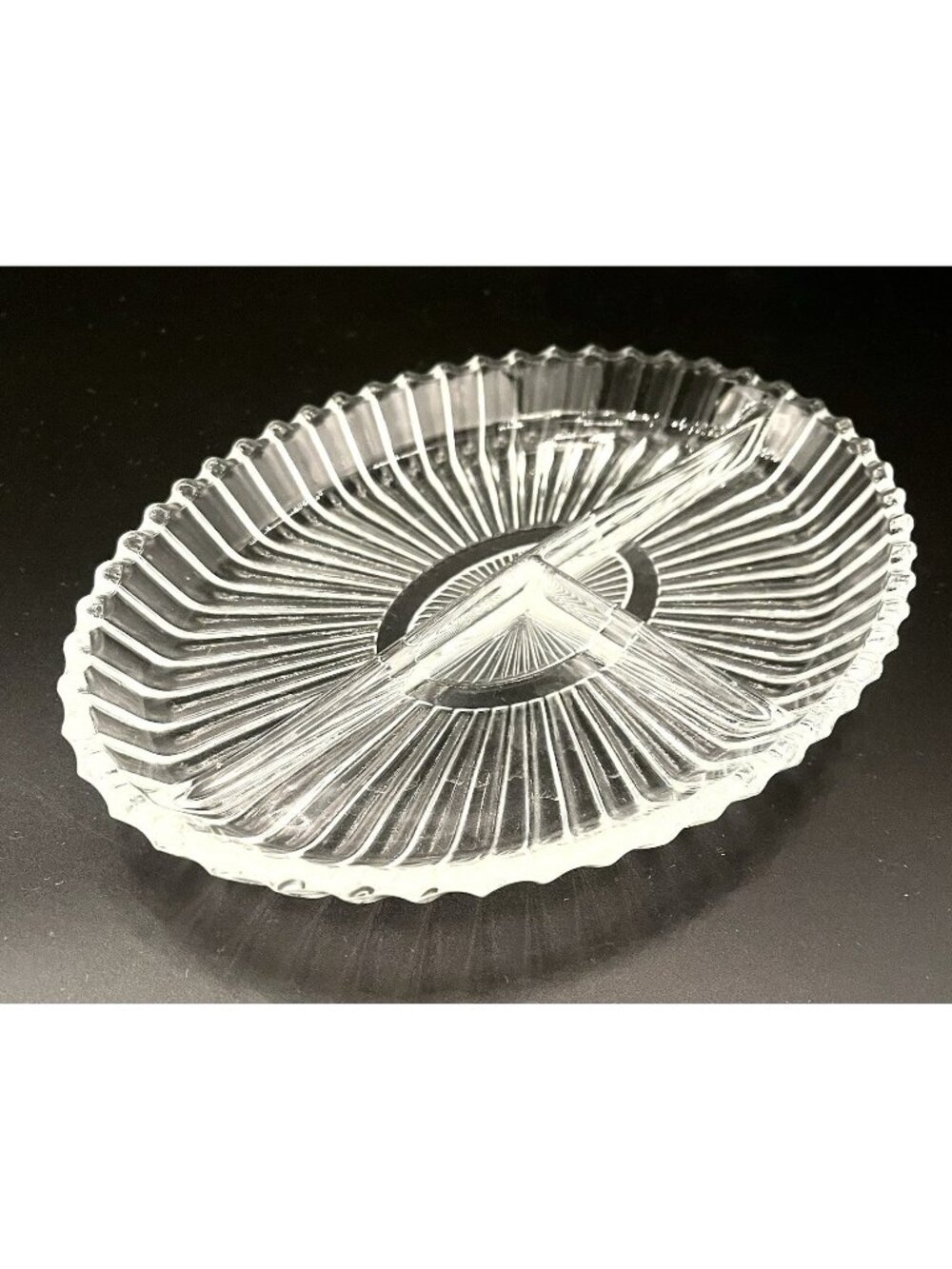 Retro Starburst Pressed Glass Divided Relish Dish 8.5” Scalloped Edge Ribbed